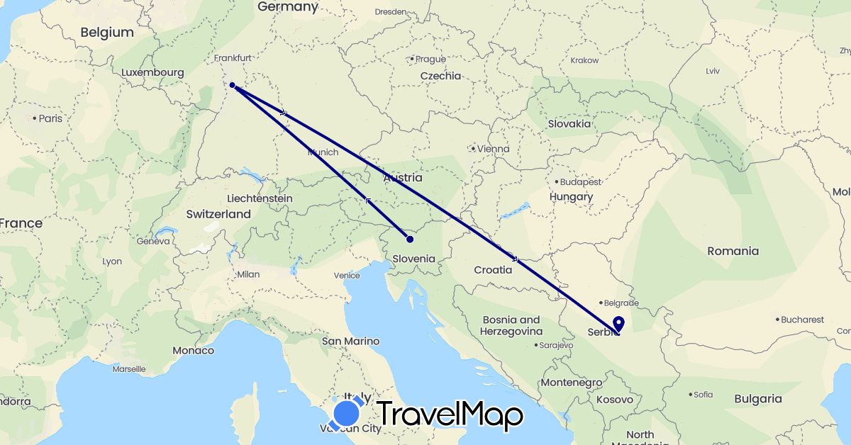 TravelMap itinerary: driving in Germany, Serbia, Slovenia (Europe)